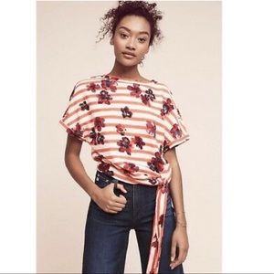 Anthropologie Striped Floral Tie Waist Top